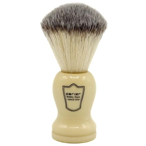 Parker Synthetic Shaving Brush with Faux Cream Handle & Stand - Men's Grooming