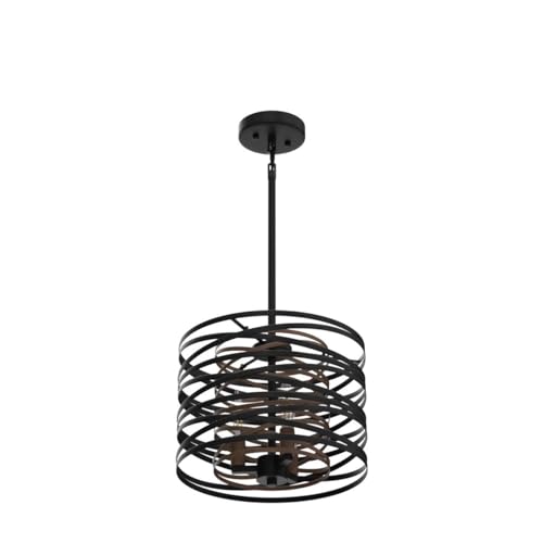 12.6-Inch Farmhouse Chandelier with Retro Wood Texture and 3 Lights - Black Pendant Light for Dining Room Kitchen Foyer