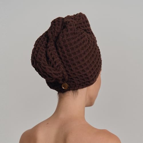 Kosmu Luxury Organic Japanese Cotton Hair Drying Waffle Towel Wrap with Button (Dark Cocoa) - Extra Large Turban for Long Curly Hair