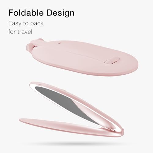 Pink Rechargeable LED Travel Makeup Mirror with 3 Light Settings & 10X Magnifier – Ultra Slim & Foldable