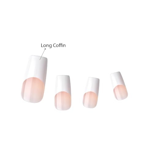 KISS Acrylic French False Nails Kit, Long Coffin Wide Fit Design Nail, Classic White Color French Tip Nails, Ready to Wear Gel & Manicure Stick Included, Long-Lasting Convenient & Easy to Apply
