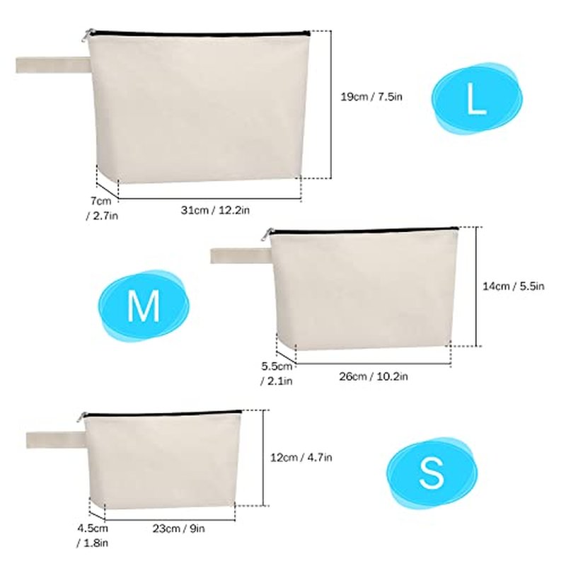10 Pieces Cotton Canvas Makeup Bag with Bottom, Multi-Purpose Cosmetic Bag with Zipper Travel Toiletry Pouch, Blank DIY Craft Bag Pencil Bag (L, White) (MN-WB07)