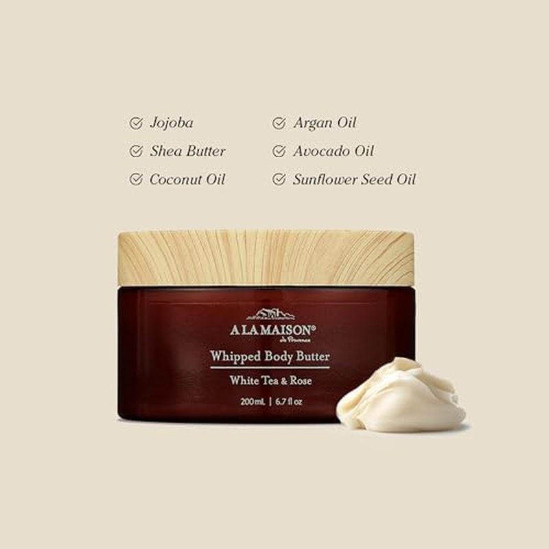 A LA MAISON Whipped Body Butter ? White Tea & Rose ? Shea Butter Moisturizer with Argan, Avocado & Jojoba Oils ? Ultra-Rich Body Cream for Dry Skin ? 6.7 oz ? Amber Collection