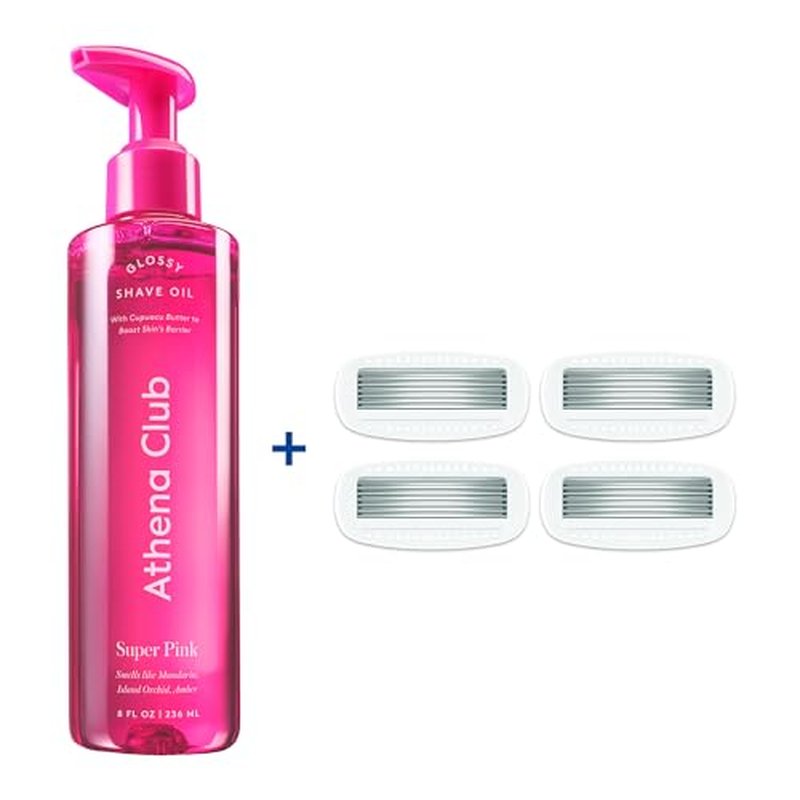 Athena Club Glossy Shave Oil for Women, Hydrating Pre-Shave Oil with Jojoba and Avocado Oils, Smooth Glide for Sensitive Skin, Super Pink Scent, 8 fl oz, Pack of 1 + 4 Razor Blade Refills