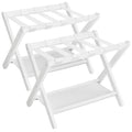 Cloud White Bamboo Luggage Rack with Storage Shelf - Foldable Suitcase Stand