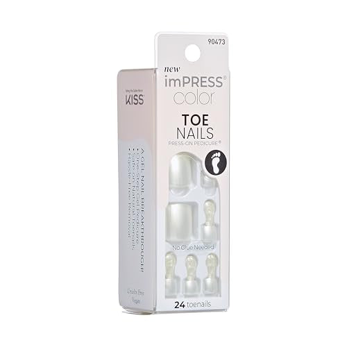 KISS Impress Color No Glue Pedi 30 Pcs Press on Toenails, White Glitter Stick on Extension False Nails for Toes, Peel & Press Easy Apply, Hassle-Free Removal, Includes Manicure Stick, Prep Pad & File