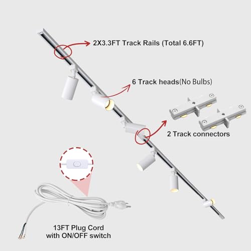 LRAEMXG White 6-Light Plug-in Track Lighting Kit with 6.6FT Rails, Adjustable GU10 Ceiling Spotlights for Kitchen & Home