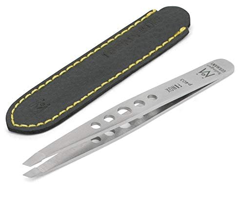 Germanikure Perforated Slanted Tweezers with Leather Sleeve - German Steel Precision