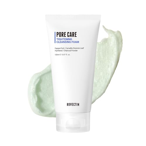 ROVECTIN Pore Tightening Cleansing Foam | Green Papaya, Glycerin, Charcoal Powder, AHA/BHA/PHA for Refining Pore Size, Non-Irritating | Oily, Dull Skin | Vegan (5.07 fl. oz.,150 ml)
