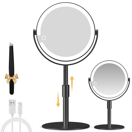 Magnifying Mirror with Light 20X, Height-Adjustable Lighted Makeup Mirror with Magnification, Double - Sided Aluminum Alloy LED Mirrors, 3 Lighting Modes Ideal for Bathroom Make-up, Black