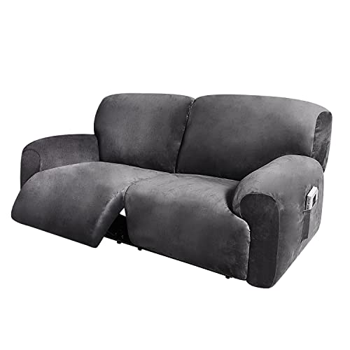 Velvet Stretch Reclining Sofa Slipcover - 75-100 Inch 2 Seater Dark Grey, 6-Piece