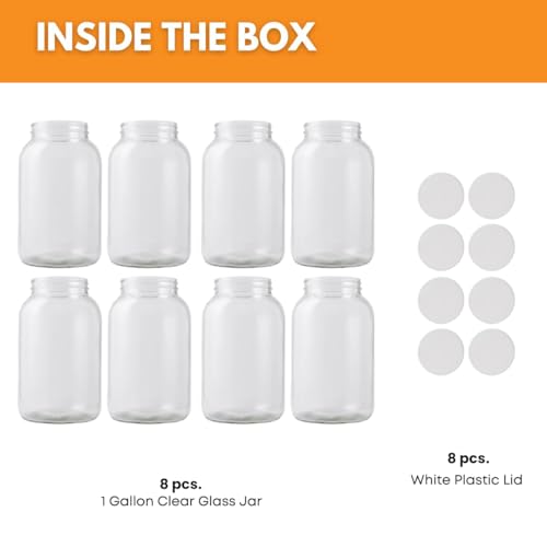8-Pack 1 Gallon Wide Mouth Glass Jars with White Plastic Lids for Food Storage