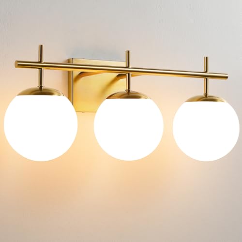 Gold 3-Light Bathroom Vanity Light Fixture Over Mirror - Modern Wall Sconce with Milky White Globe Shades - 22.4 Inch