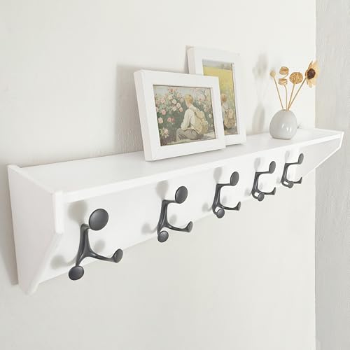 White Wall Shelf with Hooks - 35-Inch Coat Rack & Organizer for Entryway, Hallway, Living Room, Bedroom - SKOLOO