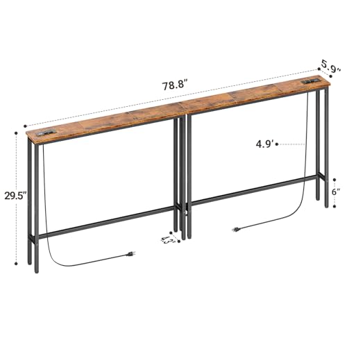 Rustic Brown Narrow Console Table with Outlets - 78.8 Inch Sofa Behind Couch