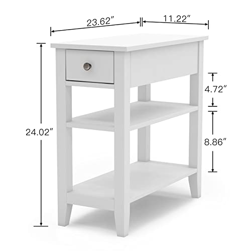White ChooChoo Side Table with Drawer and Shelf for Living Room - Narrow Design