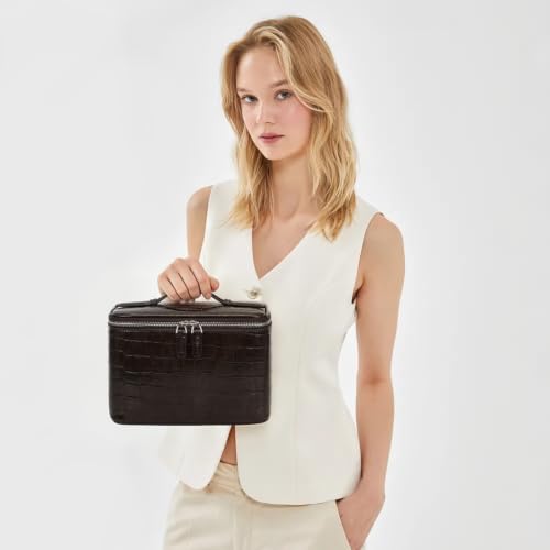 HiTotes Travel Makeup Bag Vanity Case for Women - Crocodile Leather, Coffee