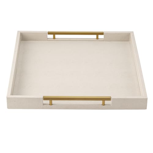 Large Beige Faux Leather Serving Tray with Handles - 20x20 Inches, Stylish Ottoman & Coffee Table Decor