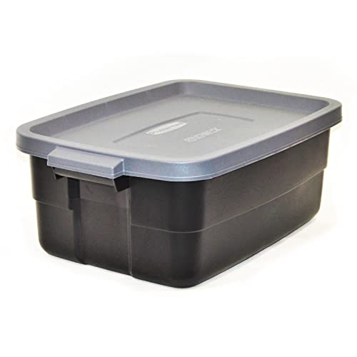 Rubbermaid 10 Gal 6 Pack Totes with Lids - Heavy Duty Stackable Storage Bins, Black/Gray