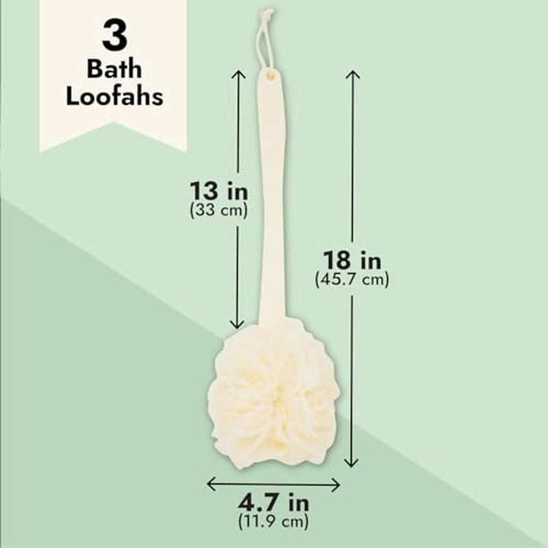 Juvale Exfoliating Luffa Shower Scrubber & Bath Scrubber for Body - 18 in, Ivory, 3-Pack - Loofah on a Stick & Shower Brush for Back