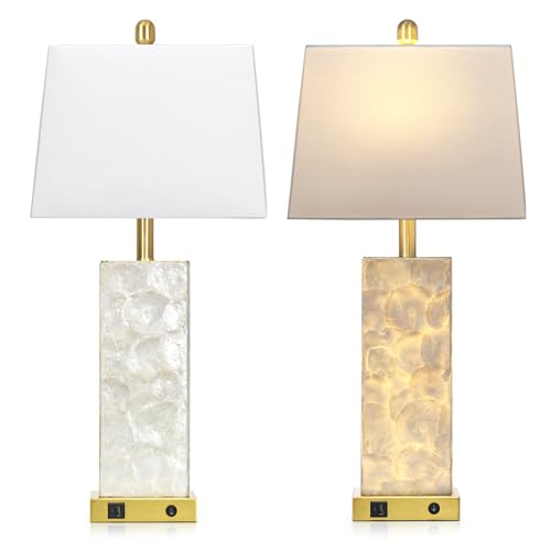 28-Inch Coastal Shell Table Lamps Set of 2 - Gold Nautical Bedside Lighting with USB Charging