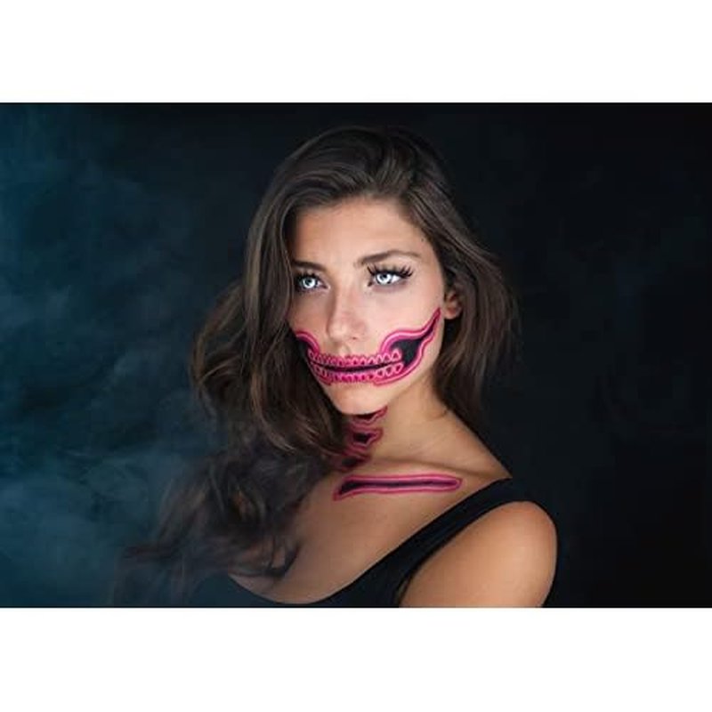 2 x Neon Skull Face Pink Temporary Tattoo, Halloween Costume for Women and Men, Adult, Glow in the Dark
