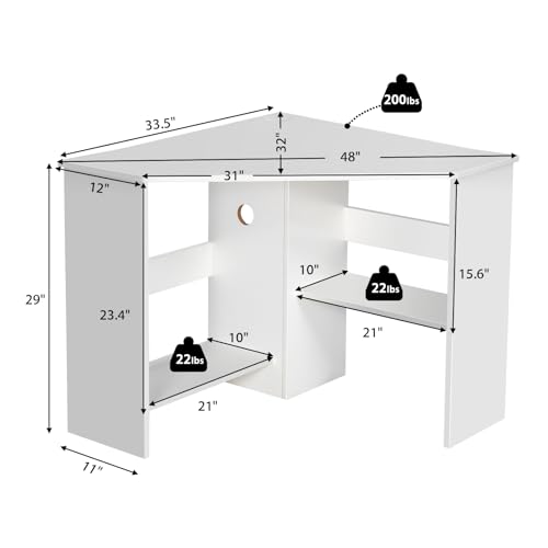 White Compact Corner Desk 33.5 x 33.5 Inches Space-Saving Study Table