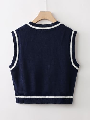 Large Navy Blue V Neck Letter Striped Sleeveless Sweater Vest for Women