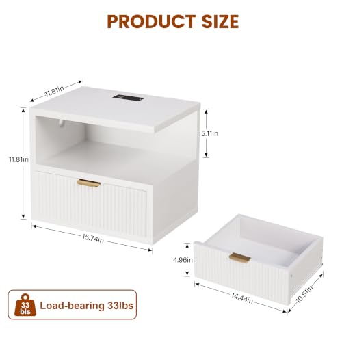 Homeiju Floating Nightstand with Charging Station & RGB LED Lights, Wall-Mounted Bedside Table with Drawer