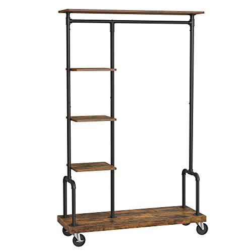 VASAGLE 5-Tier Industrial Clothes Rack on Wheels, Rustic Metal & Wood Garment Organizer