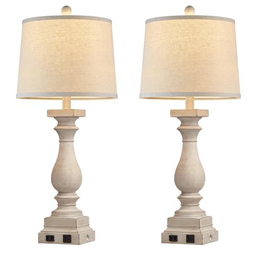 28-Inch Farmhouse Table Lamps Set of 2 with USB-C & AC Ports - Beige Vintage Nightstand Lamps - 3 Way Touch Control for Bedroom Living Room Office - Variation: Beige-2 Pack