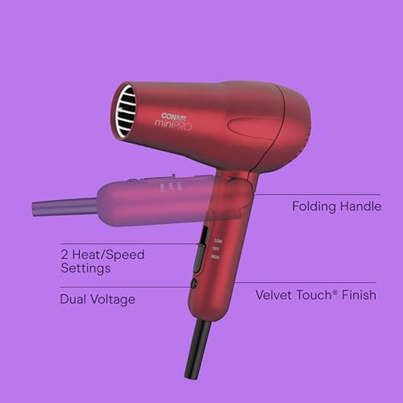 Conair Mini Pro Hair Dryer, Travel Hair Dryer with Folding Handle, Red