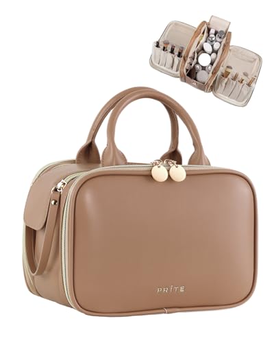 Prite Brown Large Travel Makeup Bag with Standing Brush Holder – Waterproof Cosmetic Organizer