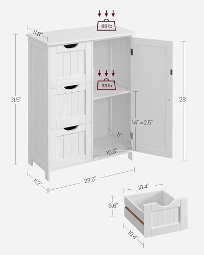 VASAGLE Bathroom Floor Storage Cabinet with 3 Drawers - White, 23.6W x 11.8D x 31.5H, Includes 1 Door