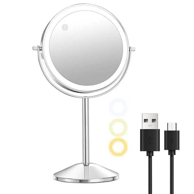 10X Lighted Makeup Mirror with Magnification 8" Stand Up Double Sided Magnifying Mirror with Lights 3 Color Brightness Adjustable Table Light up Mirror 360¡ÆSwivel Rechargable Light up Mirror