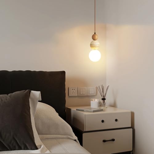 Natural Stone & Frosted Glass Spherical Pendant Light - Walnut Color, Indoor Hanging Lamp for Kitchen & Dining