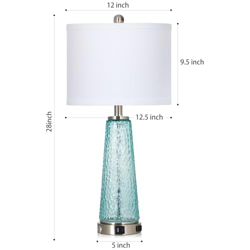Teal Coastal Glass Table Lamp with USB & Outlet - 26 Inch Nightstand Lighting