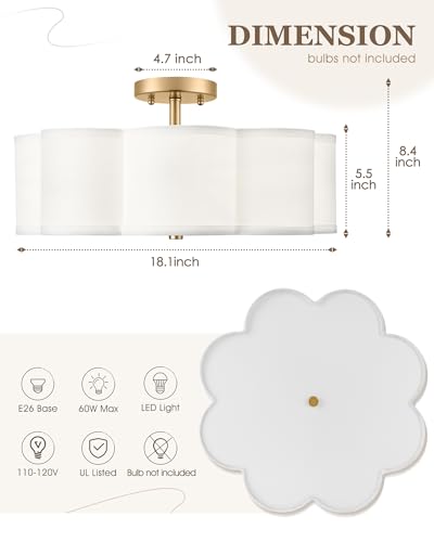 18-Inch Gold Semi-Flush Mount Ceiling Light with Flower Fabric Drum Shade - Audickic