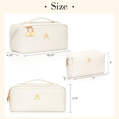 CLOUDWINGS Large Personalized Makeup Bag Set for Women & Teen Girls - Beige, Initial Customization, Travel Organizer