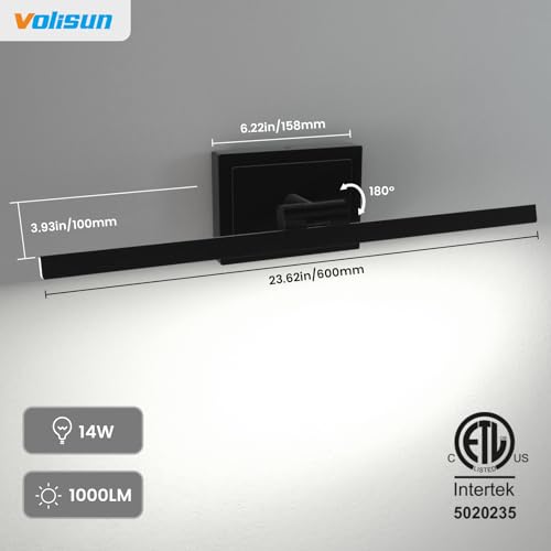 Black 24-Inch Dimmable Bathroom Vanity Light with Rotatable Head - 5 CCT LED Over Mirror