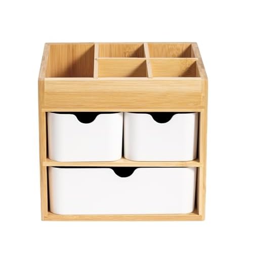 Bamboo Vanity Organizers with 3 Drawer, Mini Desk Organizer for Home, 3-tier Study/Office Organizer Rack, Adjustable 5 Compartment Makeup Display Case, Dresser Storage for Lipstick, Jewelry, Nail Care