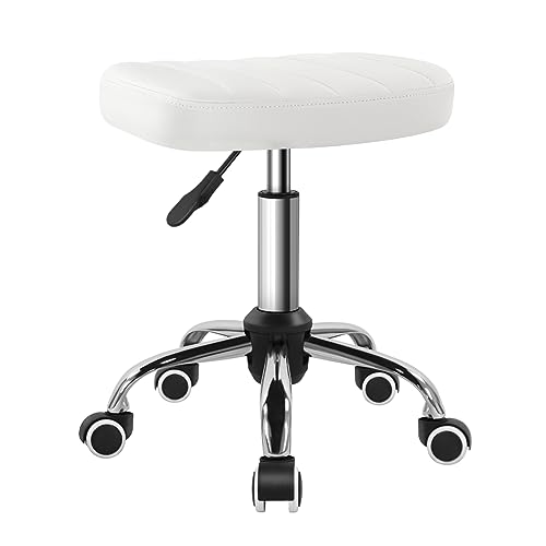 White Minimalist Square Swivel Stool with Wheel for Work SPA Shop Massage Height-Adjustable and Cost-Effective Rolling Stool Chair