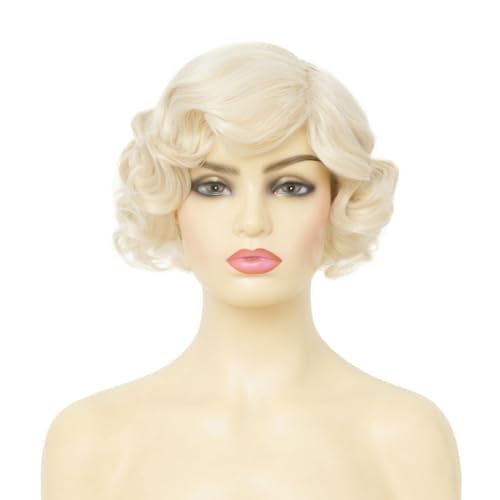 Dai Cloud Short Blonde Finger Wave Wig for Women - 1920s Curly Synthetic Heat-Resistant, Side Part, Rose Mesh Cap