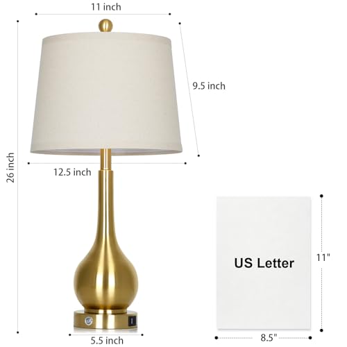 Rinweey 26-inch Gold Set of 2 Touch Control Bedside Lamps with USB Ports - Dimmable Nightstand Lamps for Living Room & Bedroom