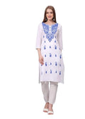 XX-Large Blue Traditional Chikankari Cotton Kurti for Women - Hand Embroidered Tunic
