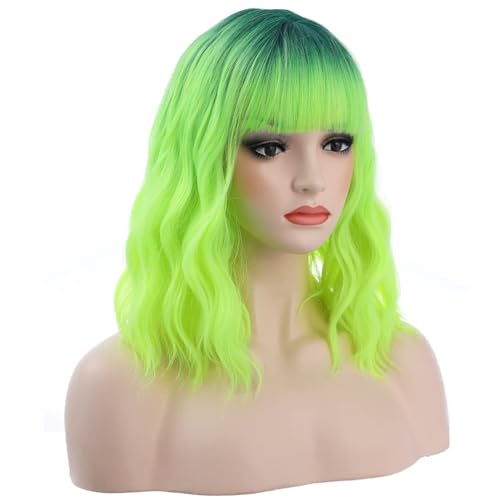 Neon Green Wig with Bangs & Dark Root Ombre - Short Curly 14 Inch Synthetic Hair for Women, Party & Daily Wear