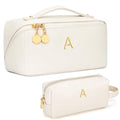 KKXIU Initial Makeup Bag for Women - Personalized Beige Gift