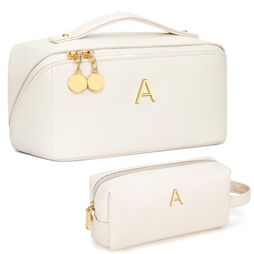 KKXIU Initial Makeup Bag for Women - Personalized Beige Gift