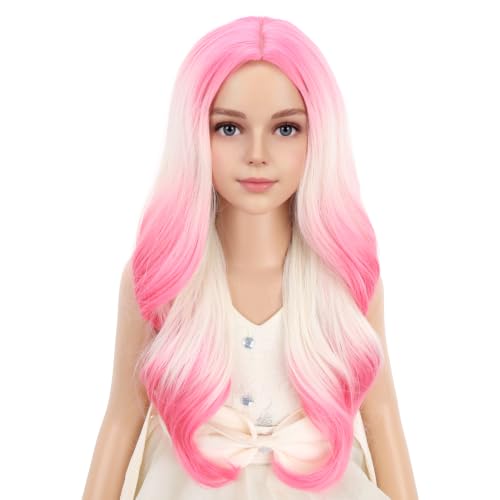 PATTNIUM Long Curly Wavy Kids Wig Blonde to Pink, Heat-Resistant Synthetic Hair