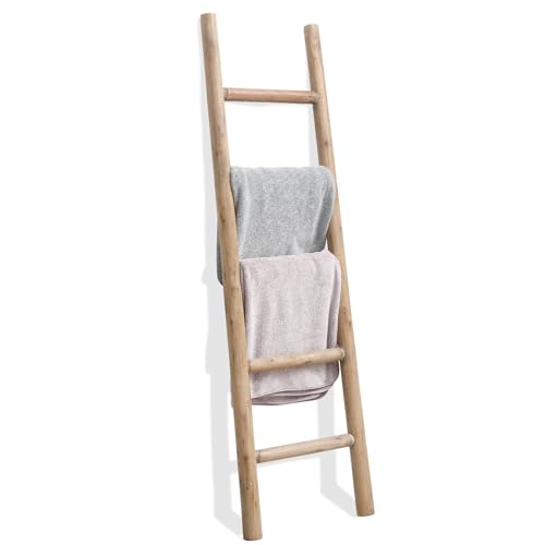 Rustic Solid Wood Blanket Ladder - 57 Inch Farmhouse Decorative Ladder with Brown Finish - Medium Knock Down